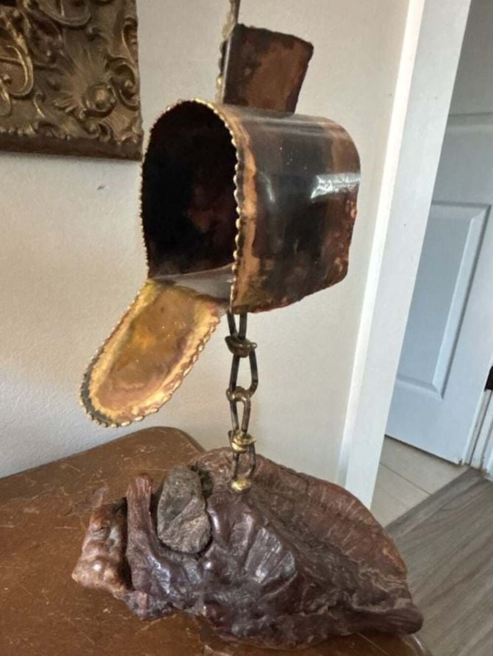 Vintage Brutalist Patinated Brass and Copper Mailbox Sculpture on Burl Wood Base